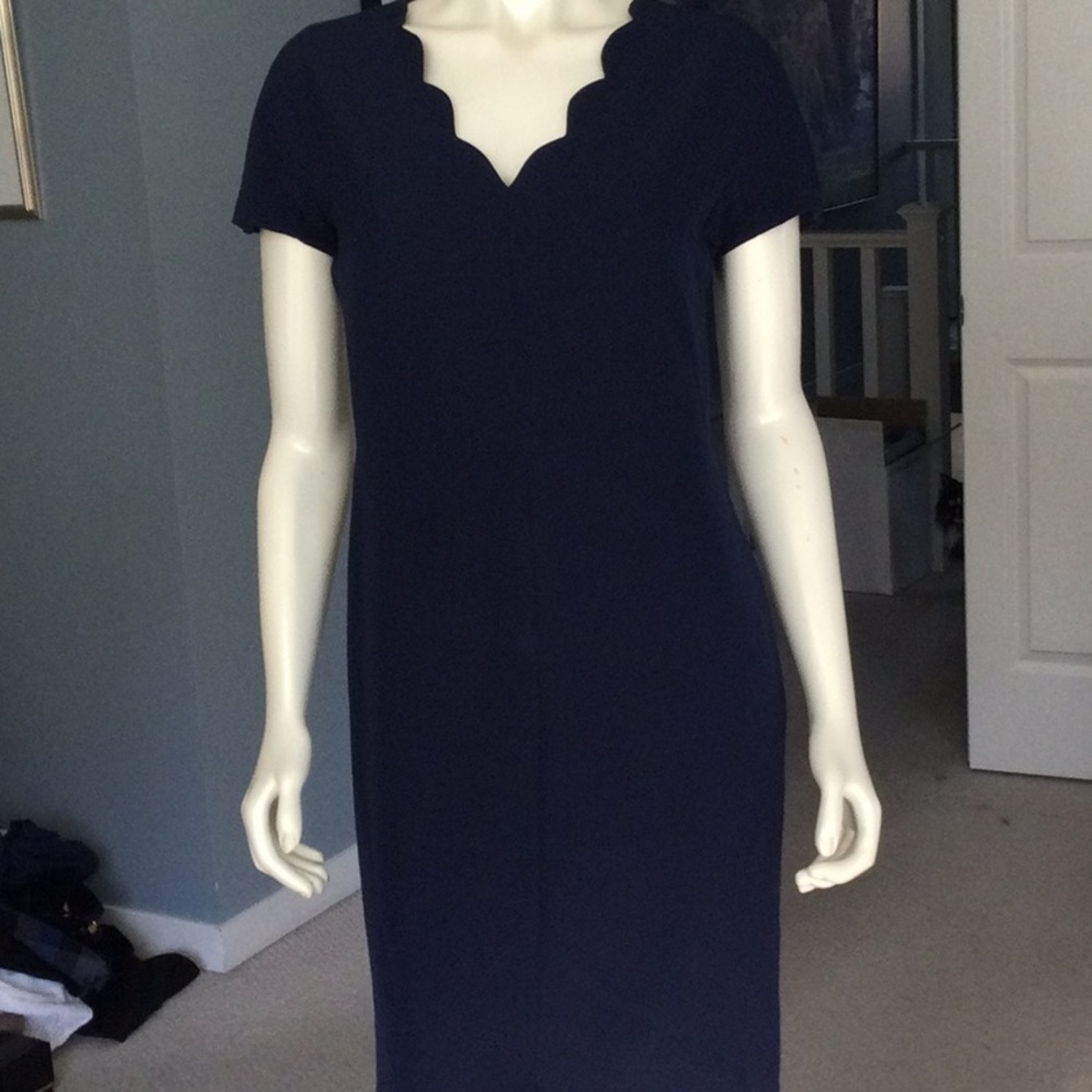Navy blue sheath dress with scalloped neckline
